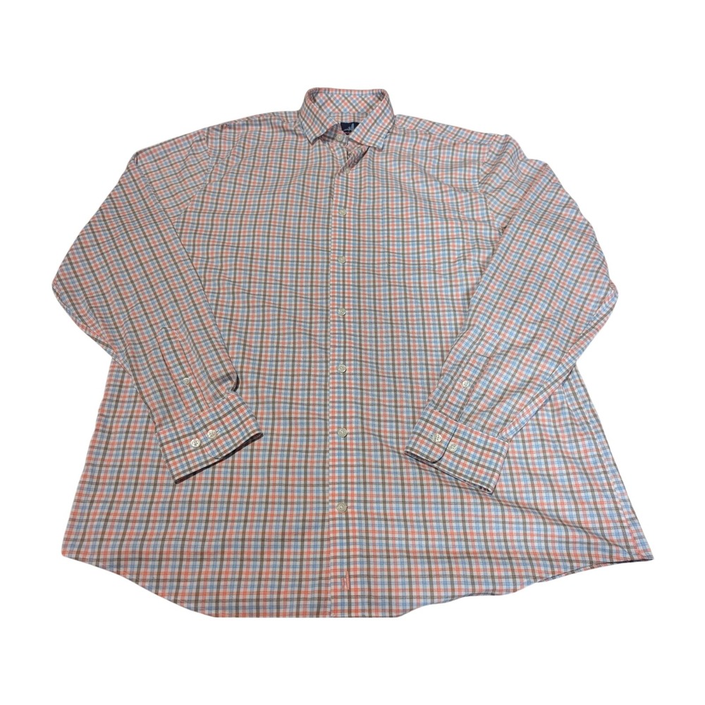 Johnnie-O Button Down Mens XL Orange Blue Prep-Formance Plaid Stretch Technical